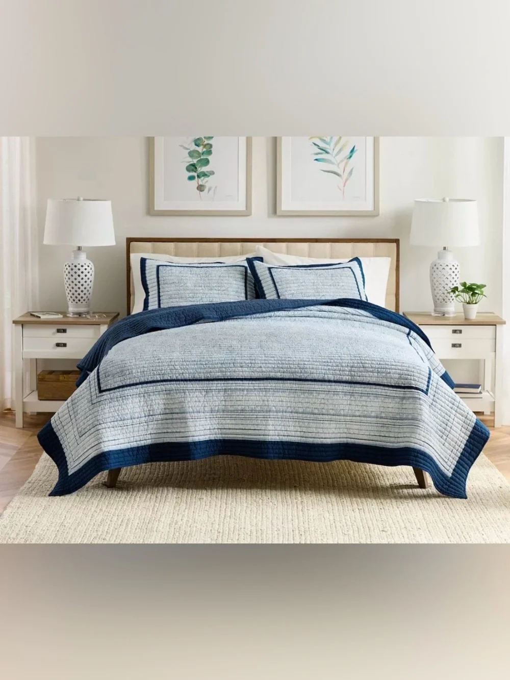 NWT Navy and Light Blue Quilted Twin Bedspread Set - Classic Stripe